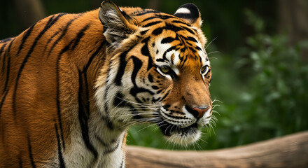 Obraz premium Majestic Tiger Striding Through Dense Green Foliage in Nature