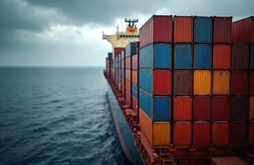 Massive cargo freight ship sails ocean sea. Shipping container boxes for global trade. Logistics, transportation, import export industry. International business, worldwide delivery by boat.