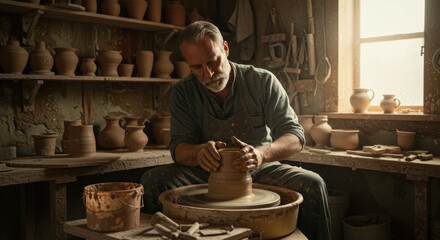 Man shaping clay on pottery wheel in workshop with shelves of pots.