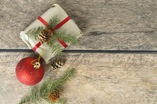 Flatlay christmas gift wooden background