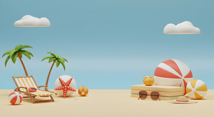Obraz premium Colorful Summer Beach Scene with Chair, Toys, and Clouds