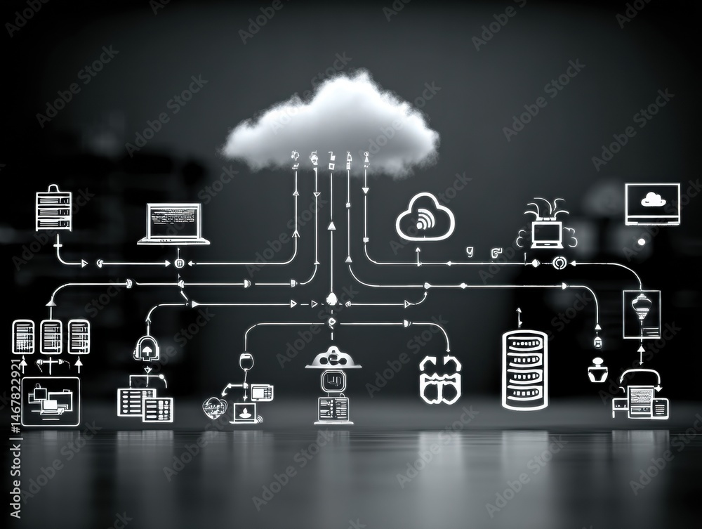 Poster Visual Representation of Cloud Computing and Data Flow with Various Digital Icons