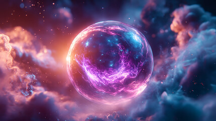 A floating sphere of shimmering plasma crackling with energy with cosmic background