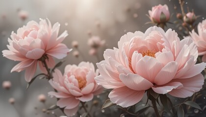 a serene scene of several blossoming pink flowers, their delicate petals fully open in bloom against a soft backdrop