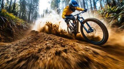 Obraz premium Mountain biker descends a sandy trail, kicking up dust