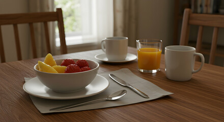 Bright Morning Setup with Fresh Fruits and Beverages on Table