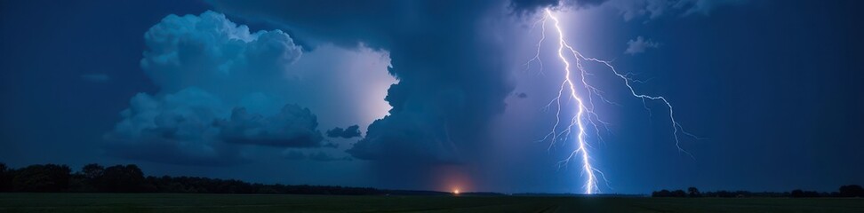 Fototapeta premium Lightning illuminates dark, stormy landscape Cumulonimbus clouds gather ominously , wild, energy