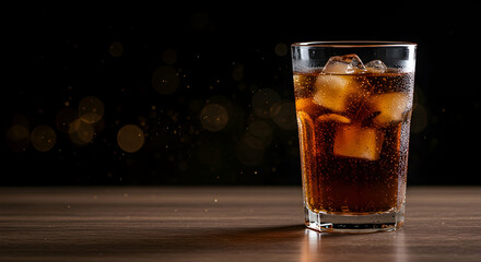 Refreshing Glass of Cola with Ice Cubes on Wooden Table Background