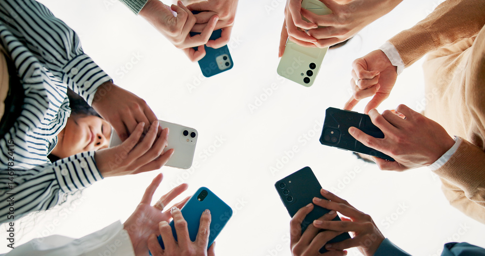 Poster community, phone and below with hands of business people for connection, teamwork and share post lin