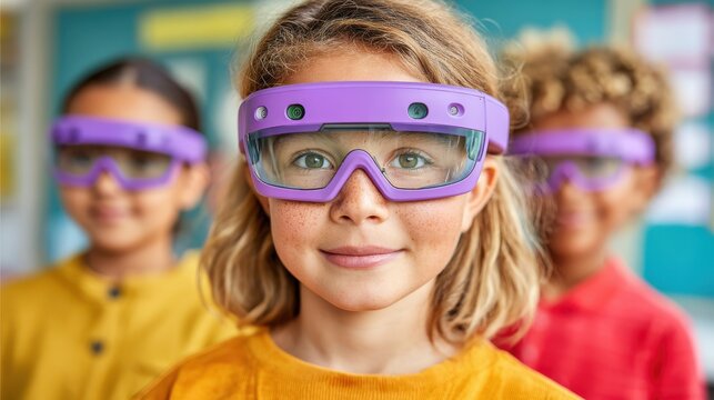 Recycling education with tech concept. Three children wearing colorful protective goggles in a classroom setting.