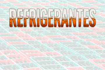 Tipografia 3D da palavra "Refrigerantes" com textura de refrigerante em fundo de caixas de garrafas, ideal para temas de bebidas e design criativo.