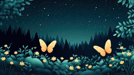 A colorful butterfly fluttering across a meadow, surrounded by wildflowers and greenery.