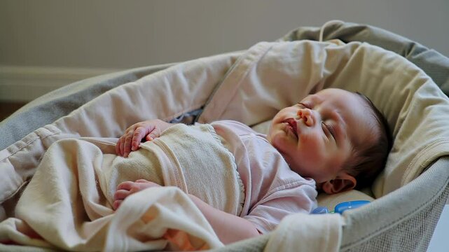 Peaceful sleeping baby in cozy bassinet with gentle expressions