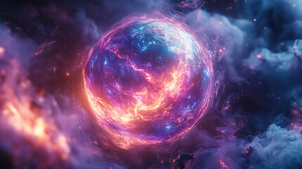 Obraz premium A floating sphere of shimmering plasma crackling with energy with cosmic background