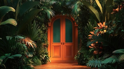 Fototapeta premium Mysterious Tropical Doorway: Lush Greenery and Orange Door