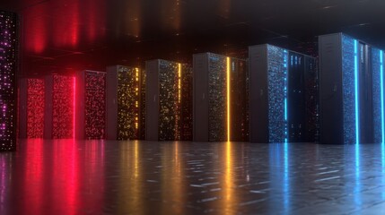 Abstract digital representation of server racks with vibrant lighting.