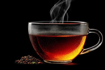 Fototapeta premium Steaming cup of black tea with loose leaves on a dark background