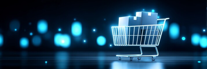 Online Shopping Cart with Packages - A glowing shopping cart filled with packages sits on a dark background with blue bokeh lights. Represents online shopping and e-commerce