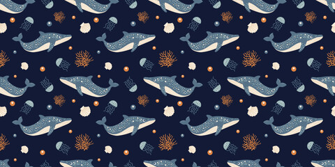Seamless ocean pattern with cute whales, jellyfish, coral, and seashells on a dark background. Perfect for kids' textiles, packaging, or nautical designs