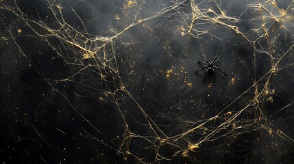 Golden spider web on dark background with black spider for Halloween