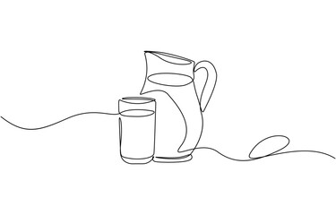 Jug and glass one line drawing on white isolated background vector illustration, Continuous single line sketch drawing of hand pouring a jug tea pot jar of fresh milk juice into glass.