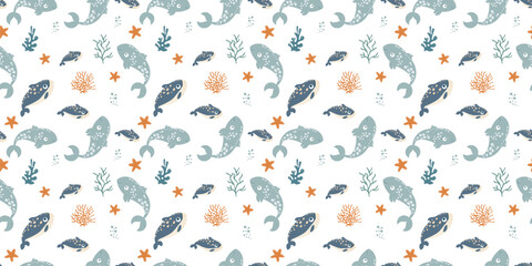 Cartoon ocean animal seamless design with marine life in soft pastel tones. Great for surface pattern design, packaging, children’s fashion, scrapbooking, digital backgrounds, and sea-inspired product