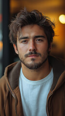 Fototapeta premium Close-up Portrait of a Young Man with a Goatee, Intense Gaze, and Thoughtful Expression: Serious, Pensive, and Brooding Male Model with Brown Hair and a Brown Jacket.