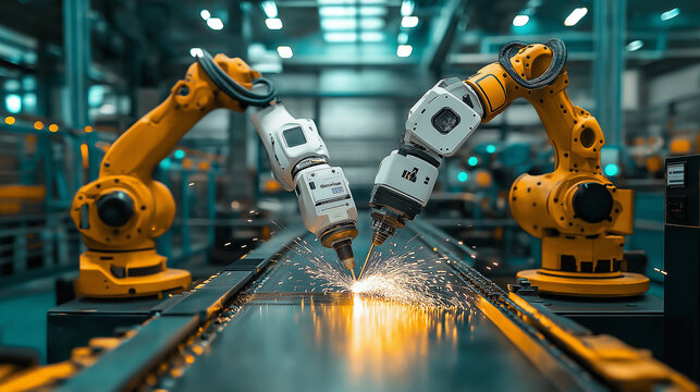 Advanced Robotic Welding System: Two Collaborative Robots Performing Precision Welding on a Conveyor Belt in a Modern Smart Factory Setting, High-Tech Automation, Industrial Revolution 4.0