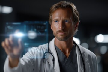AI doctor examining a holographic display