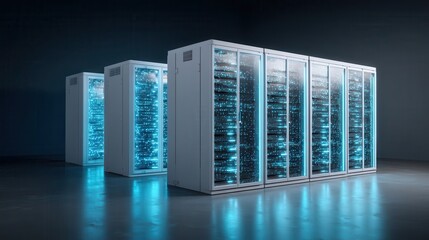 Obraz premium Three server cabinets illuminated with glowing light.