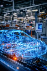 Car Frame on Assembly Line with Blue Glowing Wires
