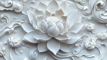 Smooth, detailed carving of a white lotus flower with intricate petals image