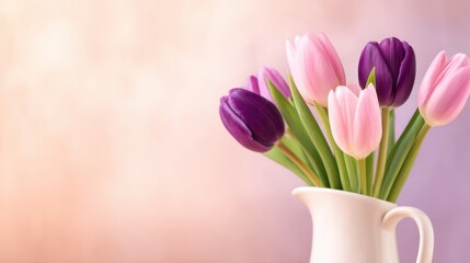 Fototapeta premium A vibrant bouquet of pink and purple tulips in a white vase against a soft pastel background