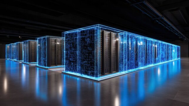 Modern server racks illuminated with blue light.