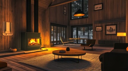 Cozy Cabin Interior with Fireplace and Winter View