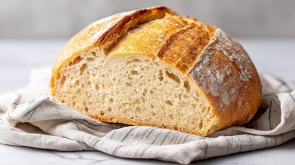 Rustic Artisan Sourdough Bread Loaf - Golden crust, airy crumb, homemade goodness, rustic charm, perfect bake. Symbolizing: home-baking, craftsmanship, warmth, nourishment, simplicity