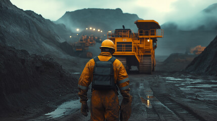 Industrial Mining Operation: Safety First; A lone miner in protective gear walks amidst massive mining machinery, conveying a sense of scale, hard work, and the potential risks within the extractive