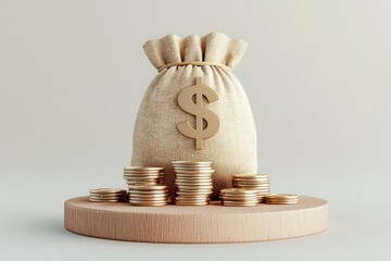 Money bag and gold coins on wooden platform