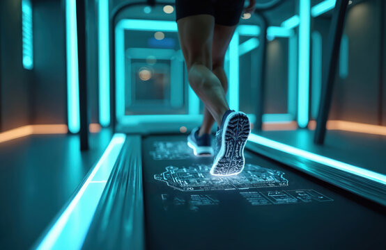 Futuristic fitness room with person running on treadmill. High-tech interface allows track workout data. Concept of augmented reality, virtual trainers, biofeedback, modern tech for sports, advanced - Powered by Adobe