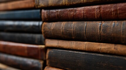 Fototapeta premium Close-up of antique books stacked on a shelf, showcasing their worn covers and textures