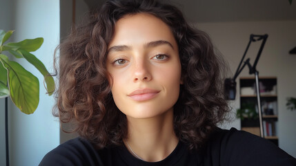Portrait of a Young Adult Woman with Curly Brown Hair, Serene Expression, Close-Up Shot in Soft Natural Light