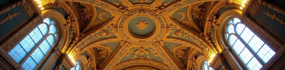 Intricate, ornate Baroque ceiling detail with fisheye lens distortion , plasterwork, elegant, baroque