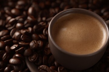 Fototapeta premium A rich cup of espresso sits amongst a bed of roasted coffee beans.