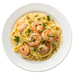Shrimp Alfredo with fettuccine pasta in creamy sauce on white on white background