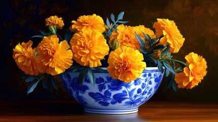 Fototapeta premium Vibrant marigold flowers in a decorative blue and white bowl, set against a dark background