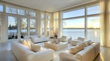 Luxury Waterfront Living Room with Sunset View, Minimalist Decor, and Sheer Curtains