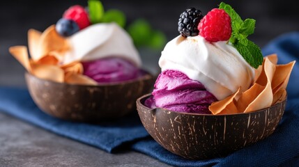 Delicious ice cream served in coconut bowls with berries and mint on a dark background