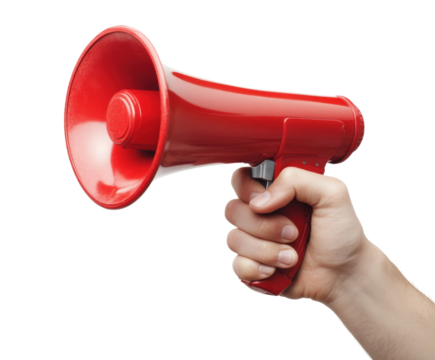 Public announcement action with red megaphone environment view isolated on transparent background