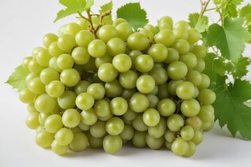 Obraz premium A cluster of fresh green grapes with vibrant leaves, isolated on white , diet, background