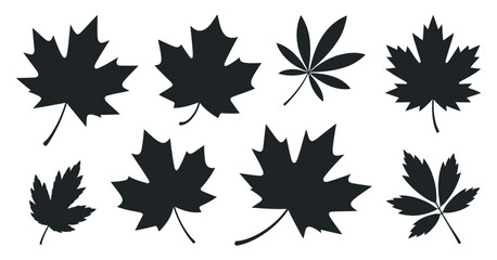 Collection of Eight Black Silhouettes of Various Autumn Leaves